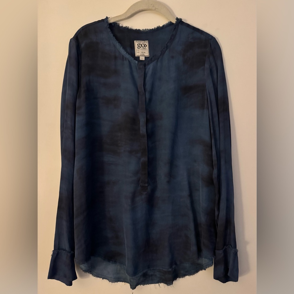 GoSilk Navy Indigo Silk Blouse Raw Edge Luxe Boho Size L